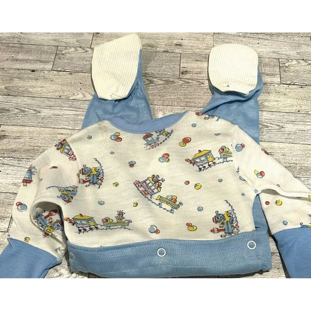 VTG Toddle Time Pajama Set Boys JC Penney Snap Button Sleepwear Blue Train SZ 1‎