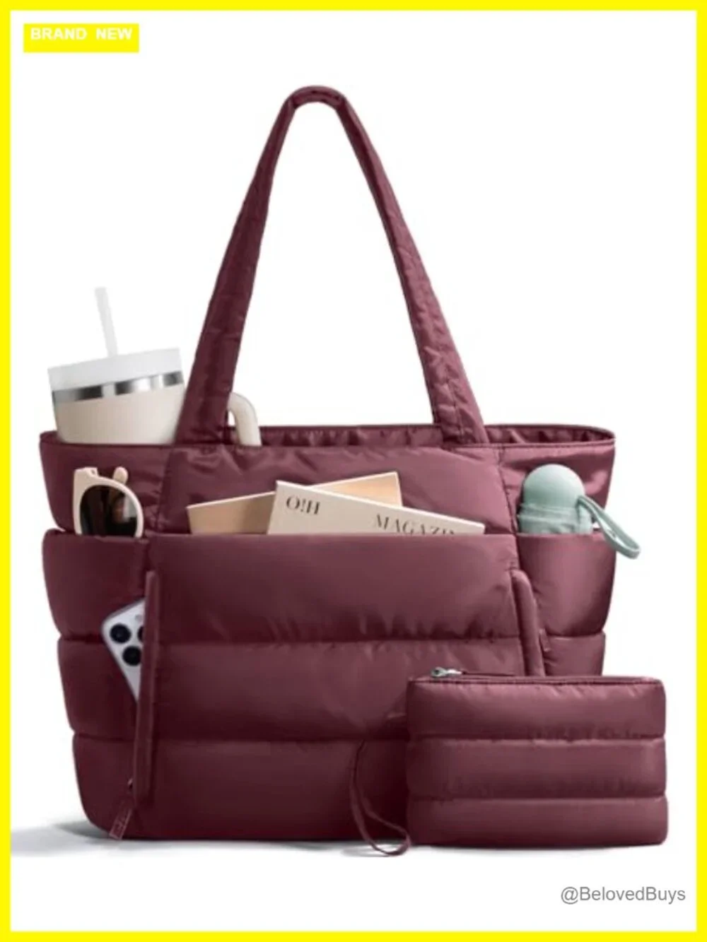 Lightweight Puffer Tote Bag with Laptop Sleeve, Quilted Shoulder Bag for Work
