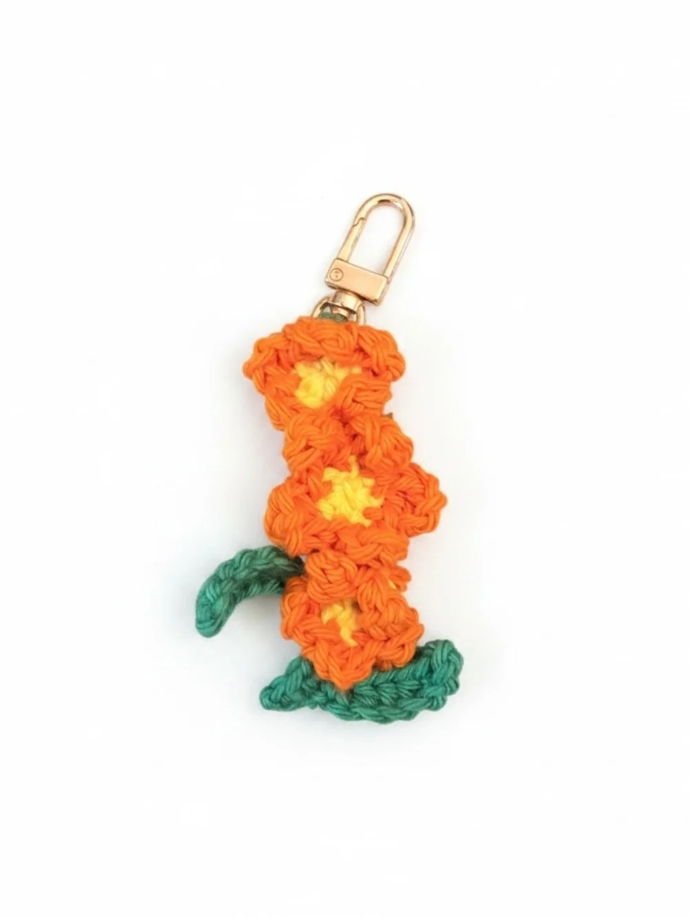 Handmade Orange Crochet Flower Keychain with Teal Leaves