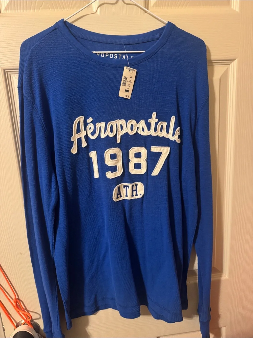 Aeropostale Men's Bright Blue Crewneck Sweater with White 1987 Logo