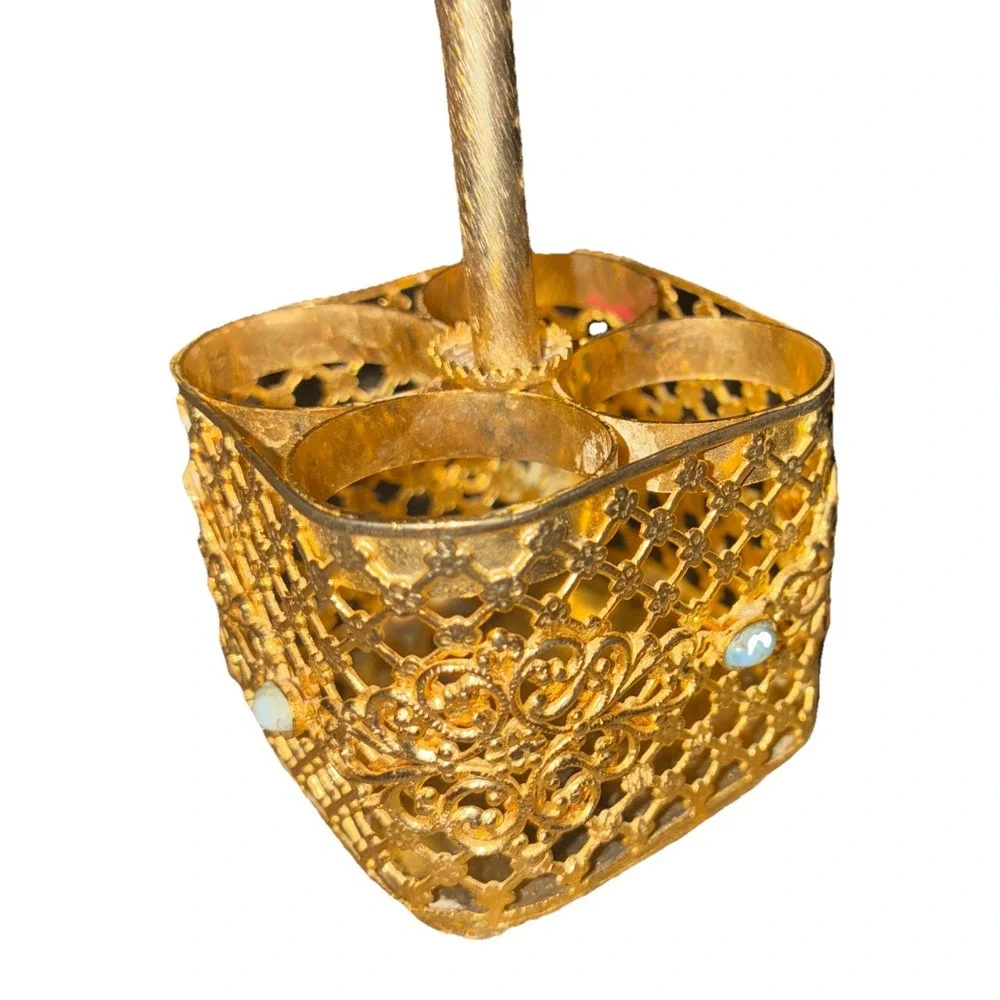 Vintage Lipstick Holder  4 Slot Vanity Organizer  Jade Gold Filigree Jade  4
