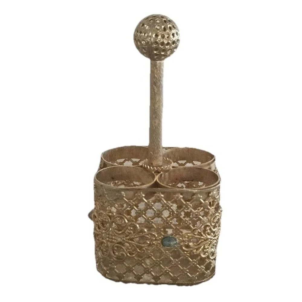 Vintage Lipstick Holder  4 Slot Vanity Organizer  Jade Gold Filigree Jade  4