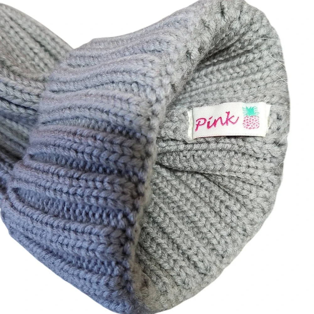 PINK Victoria's‎ Secret 100% WOOL Beanie - REMOVABLE Pom Pom - Grey Thick Knit