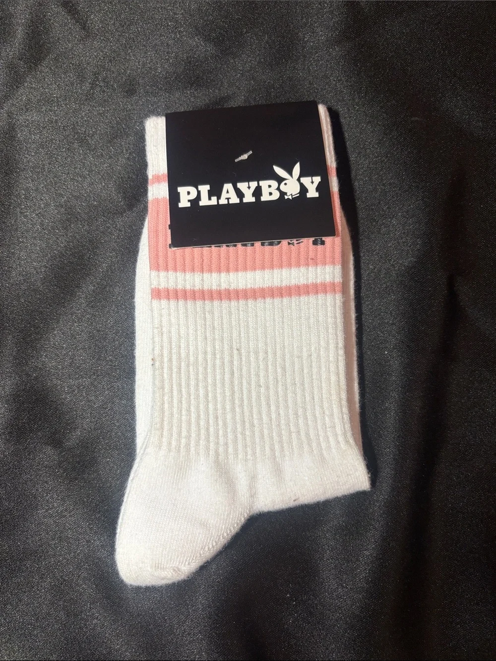 PLAYBOY White Socks with Pink Stripe Crew