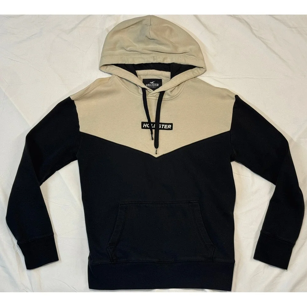 Hollister Mens Colorblock Hoodie Tan Black Chevron Logo Pullover Medium 322F2236
