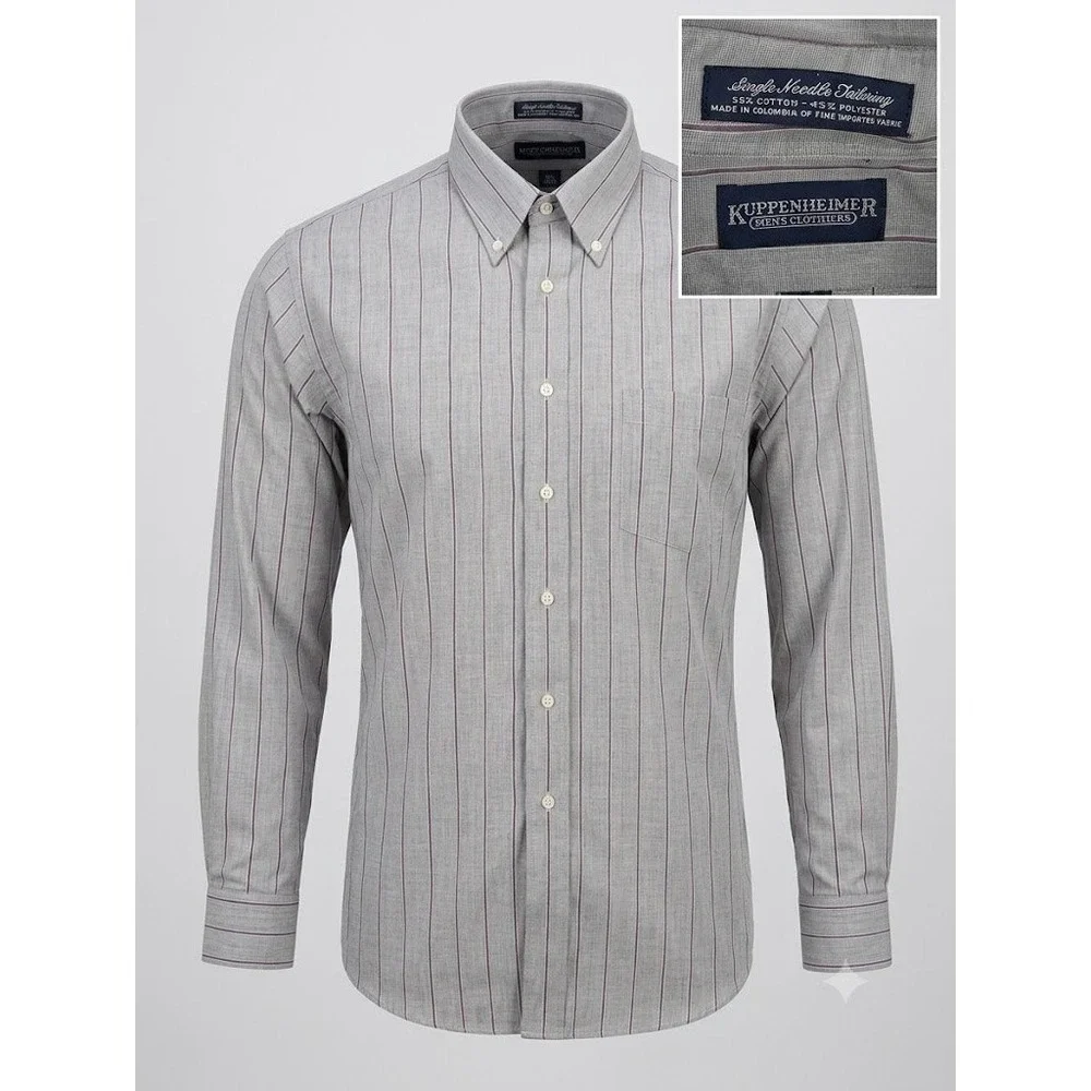 Kuppenheimer Mens Striped Button Down Shirt Grey Burgundy Long Sleeve 16.5 32/33