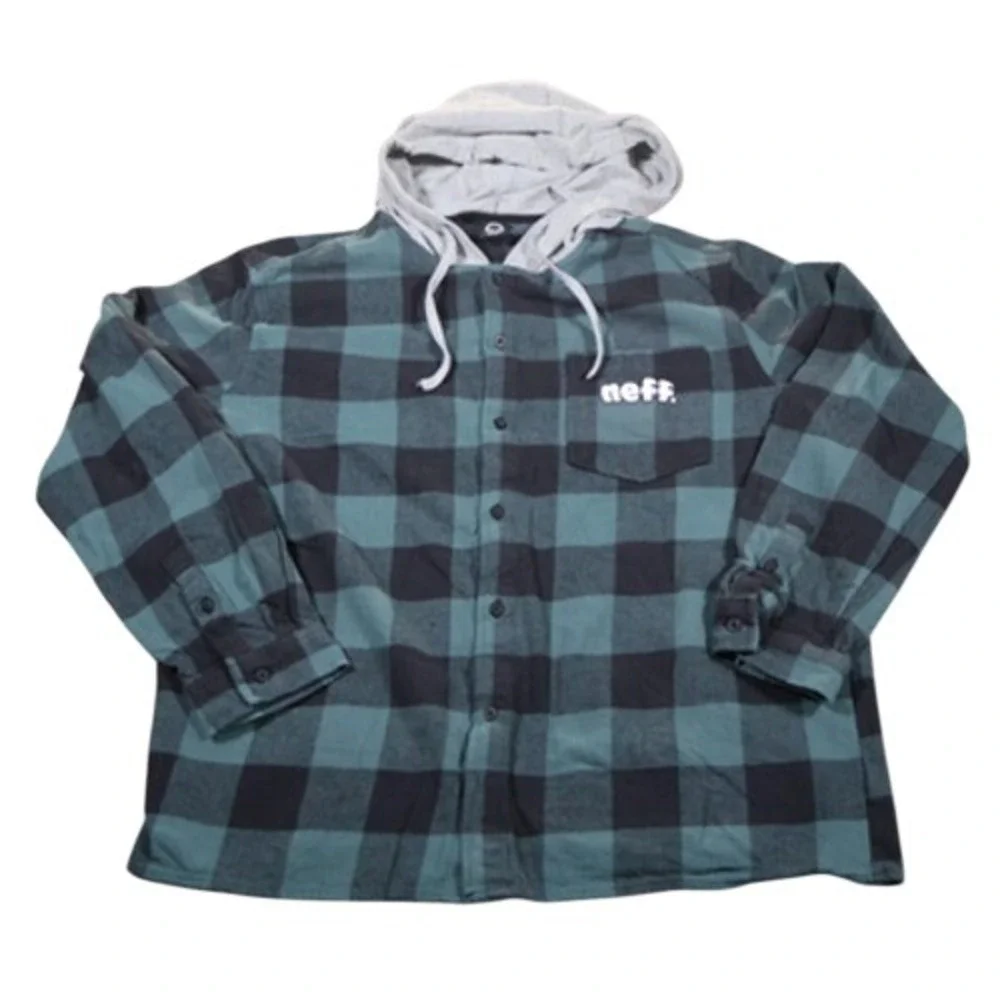Neff Shirt Mens Medium Plaid Flannel Hooded‎ Button Up Skate Streetwear Green