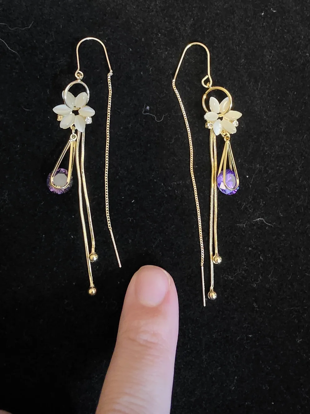Gold Floral Threader Drop Earrings with Purple Crystal Accent
