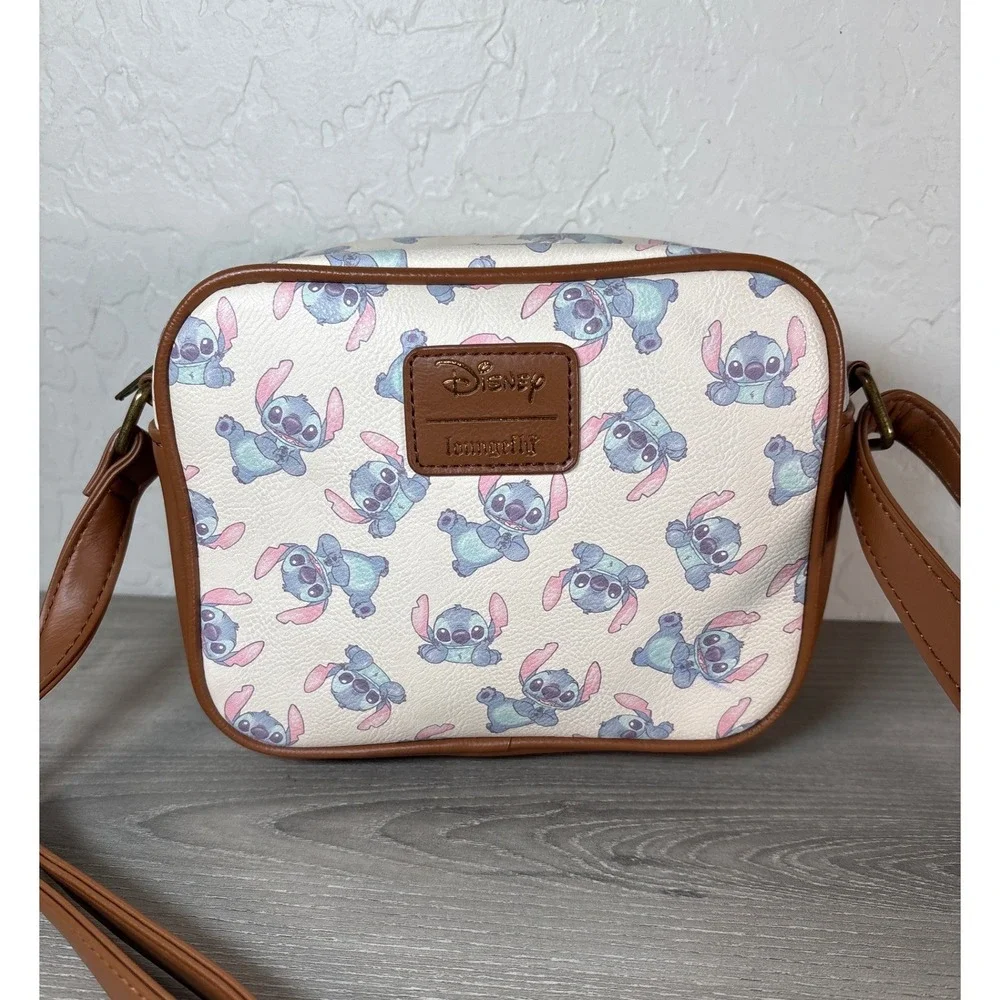 Loungefly Disney Lilo & Stitch Crossbody Bag Cream Brown Faux Leather Camera Bag