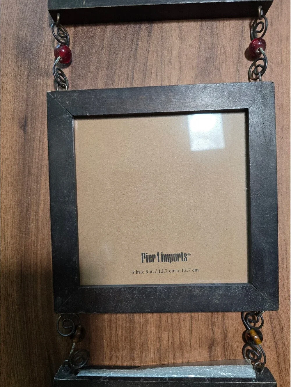 Vintage Pier 1 Imports Triple Hanging Frame Beaded Wire Wood Photo Collage
