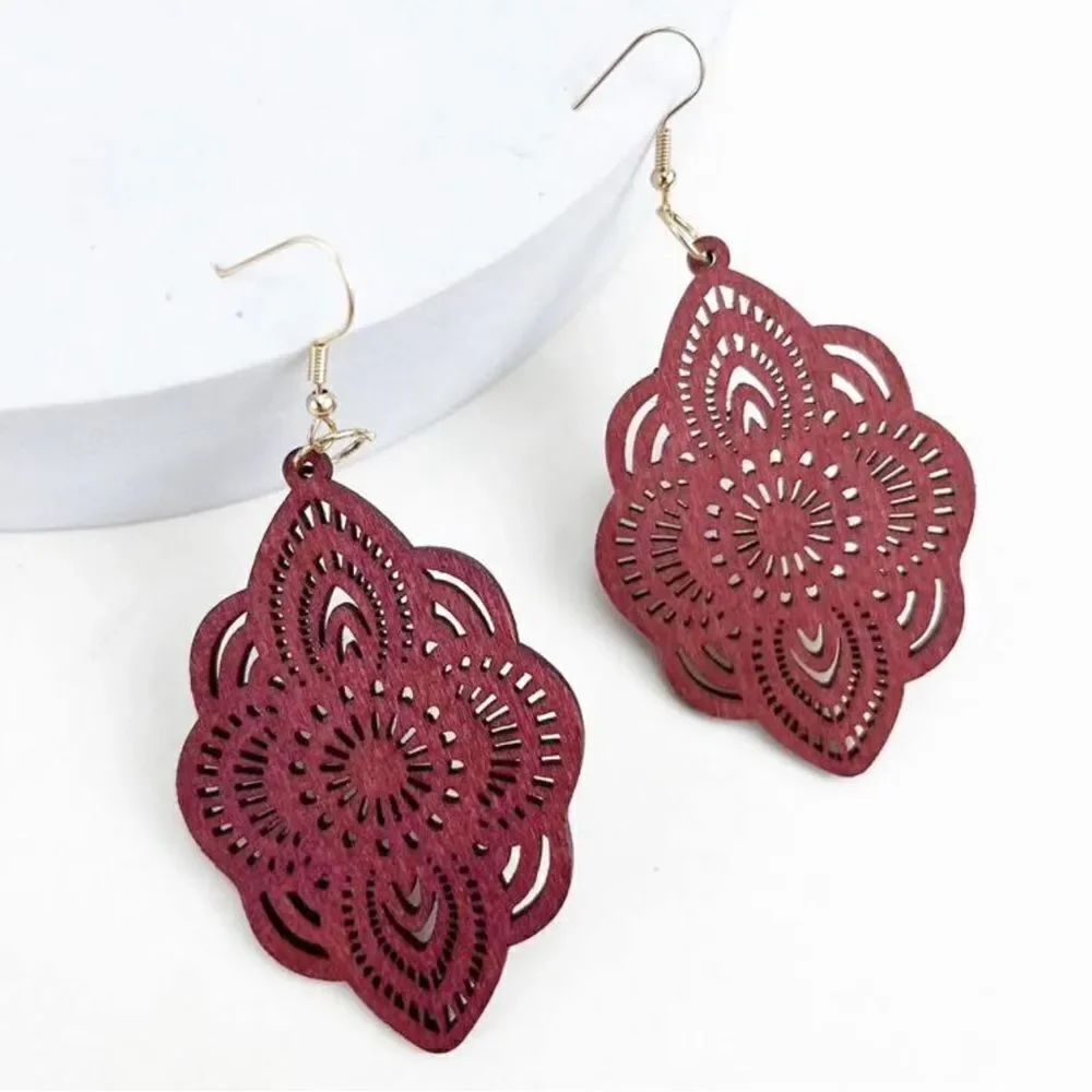3For$20 Wood Lace Carved Drop Earrings NEW Burgundy/Brown