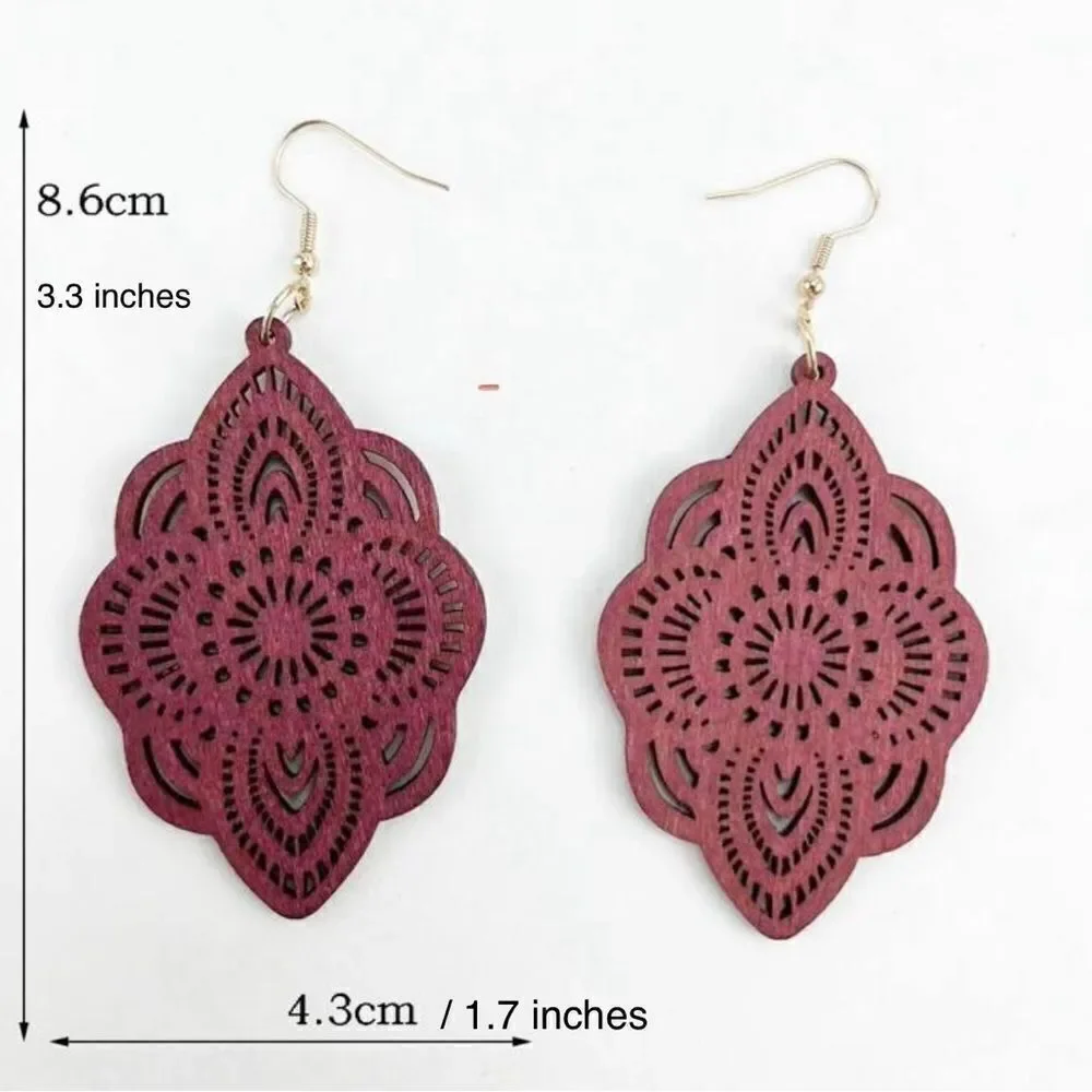 3For$20 Wood Lace Carved Drop Earrings NEW Burgundy/Brown