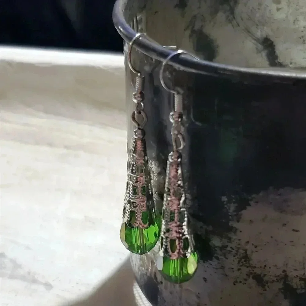 Hand Crafted Caged Filigree Faceted Green Crystal Silver Teardrop Earrings