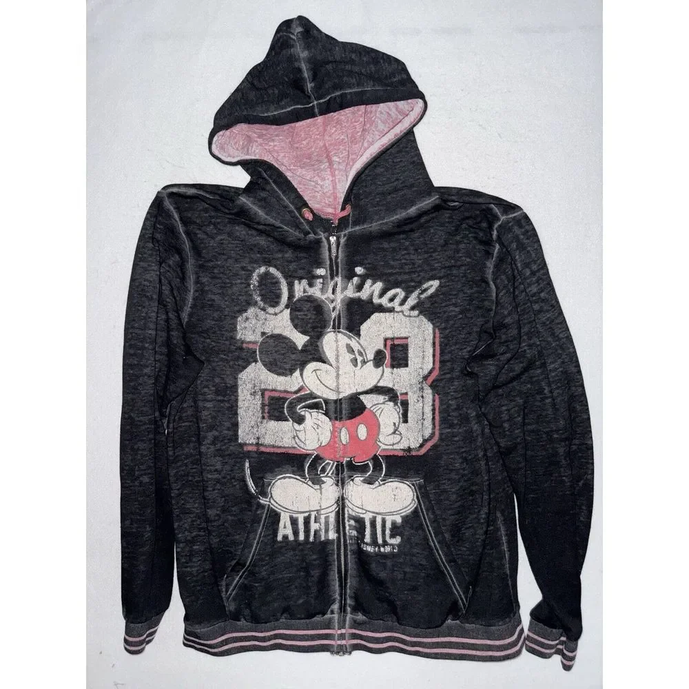 Disney Parks Mickey Mouse Zip Up Hoodie Jacket Size L Faded‎ Distressed Soft