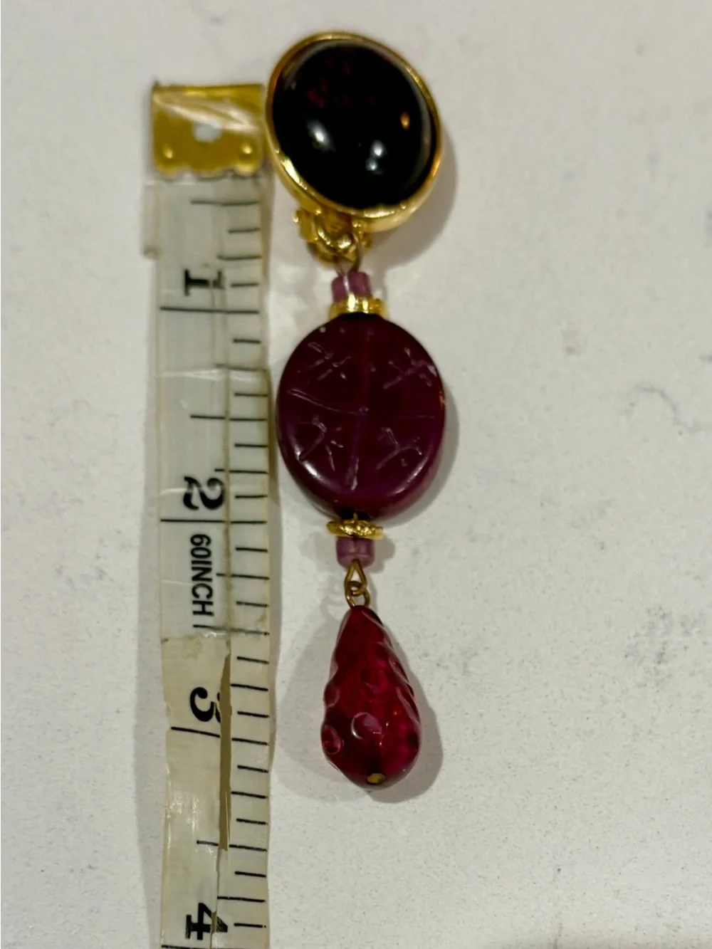 Vintage Artisan Clip On Dangle Earrings Burgundy Plum Glass Gold Tone 3.25”
