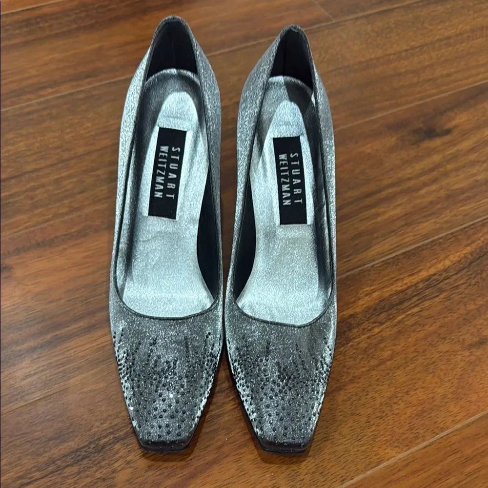 Stuart Weitzman Silver Pewter Jeweled  Heels with Metallic Finish Size 7 1/2