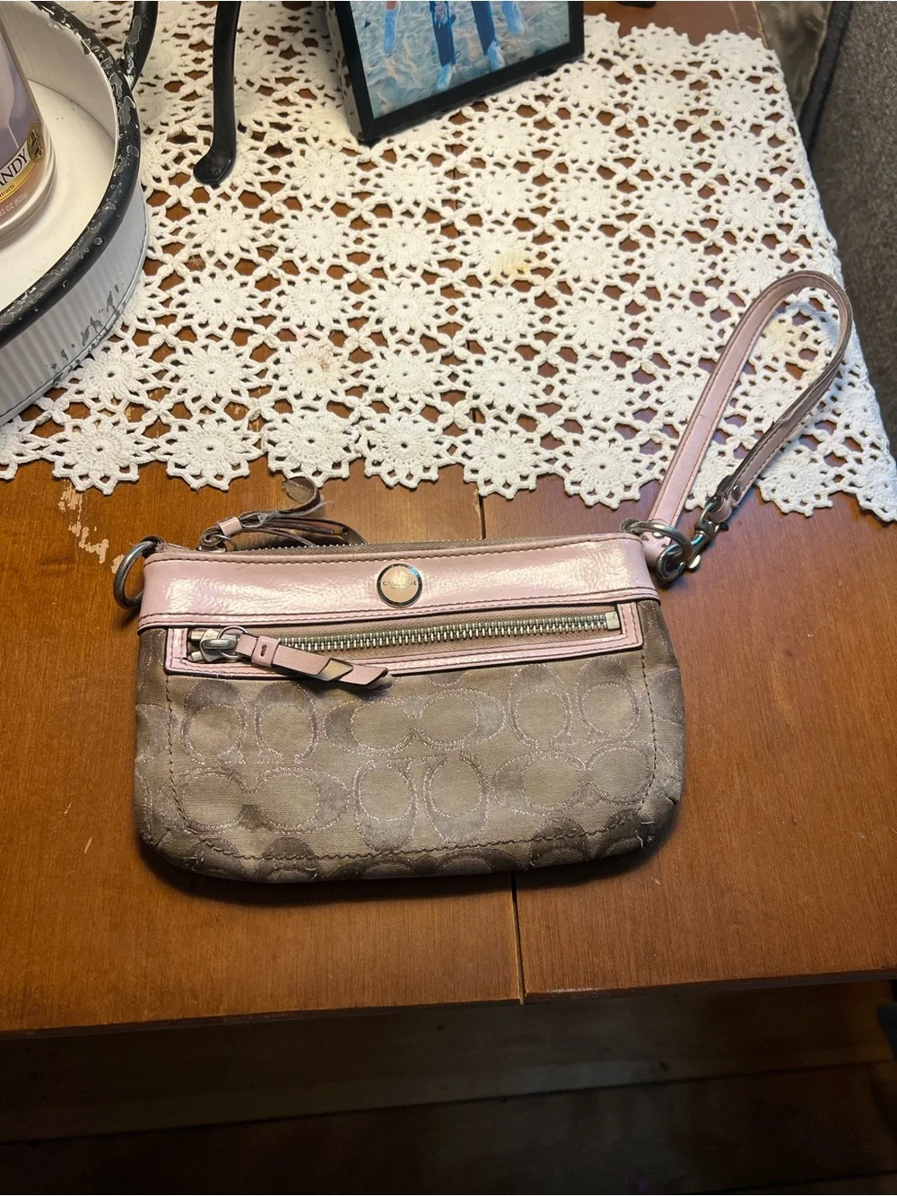 Coach Taupe Signature Jacquard Wristlet with Pink Trim