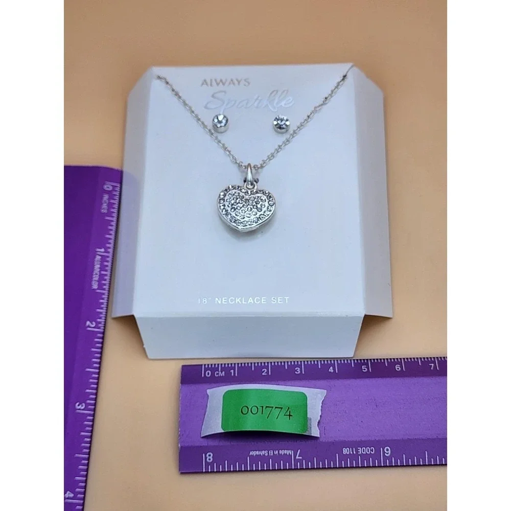 New ALWAYS SPARKLE Signed Heart CZ Silver Tone Necklace & Earrings Set FREE $HIP