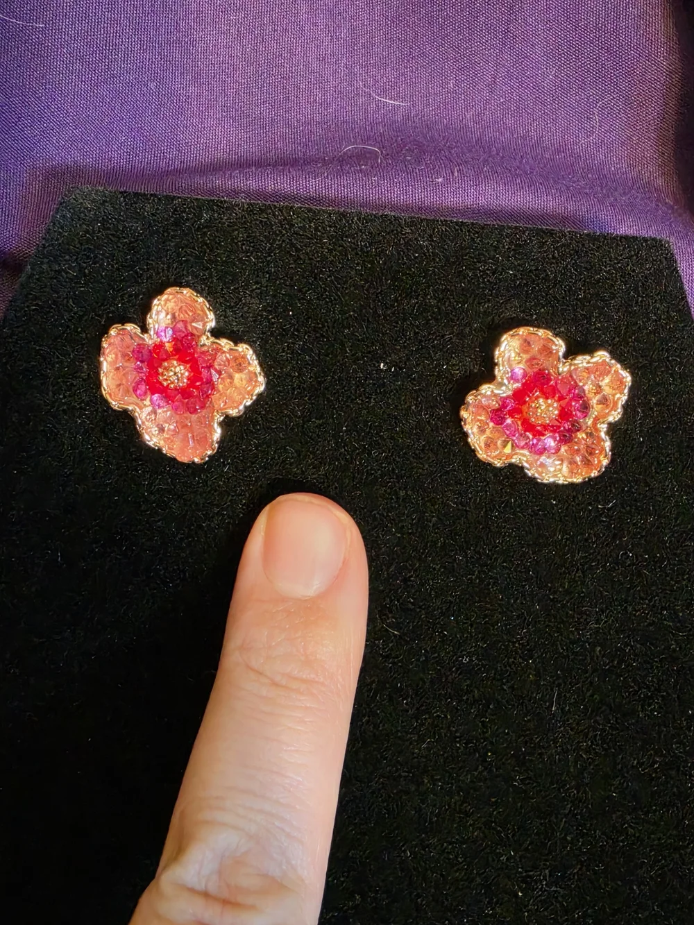 Floral Pink Crystal Stud Earrings - Gold Tone