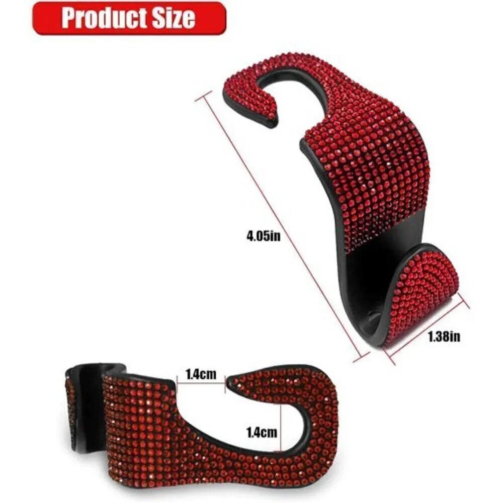 Bling Car Seat Hooks  Red (2 Pack) Bling Rhinestones Crystal Hanger Organizer