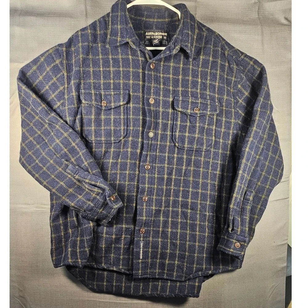 Abercrombie & Fitch  XL Wool Blend Plaid Flannel Shirt Navy Yellow‎ Windowpane