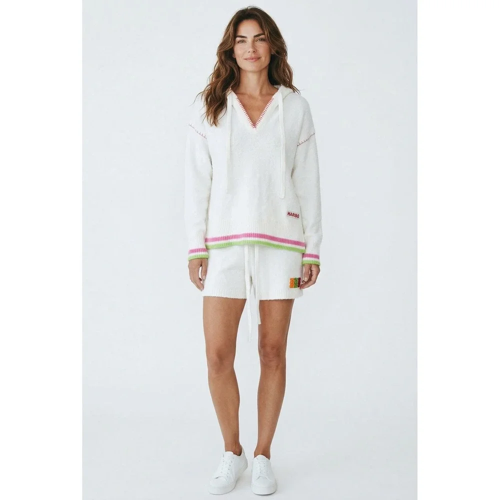 Haribo Gummy Bear Knit Lounge Set White Hooded Sweater and Shorts Kids Small‎