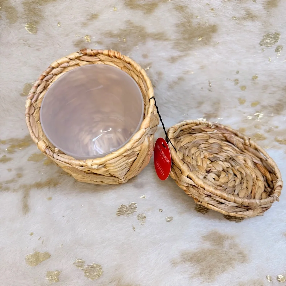 Woven Lidded Storage Basket‎ Beige Wicker With Plastic Container 8x6.75