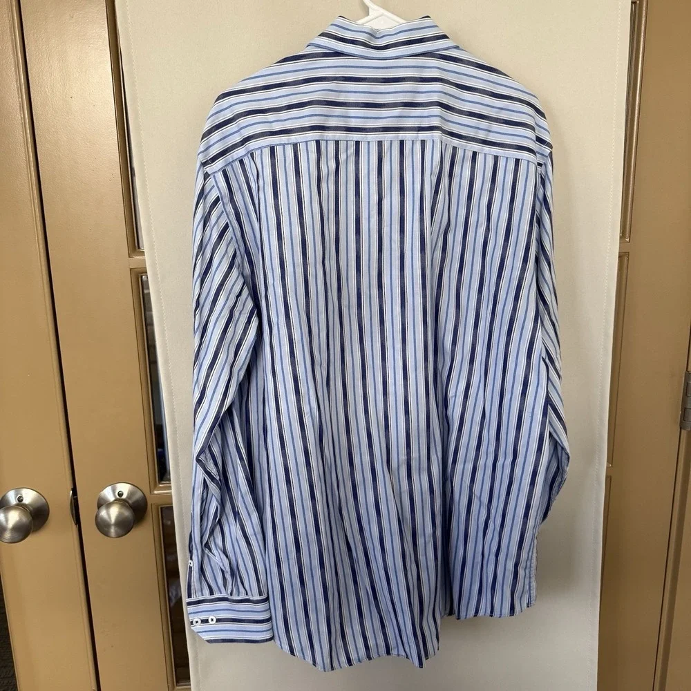 Bugatchi Uomo Men's XL Blue White Stripe Long Sleeve‎ Button Up Shirt Collar Top