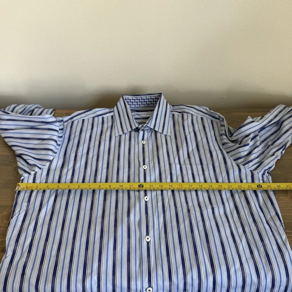 Bugatchi Uomo Men's XL Blue White Stripe Long Sleeve‎ Button Up Shirt Collar Top