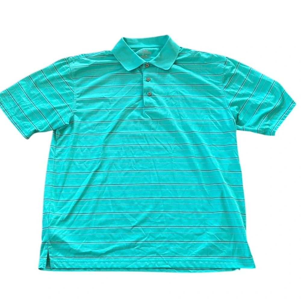PGA Tour Aqua Blue and Black Striped Golf Polo‎ Shirt Size XL