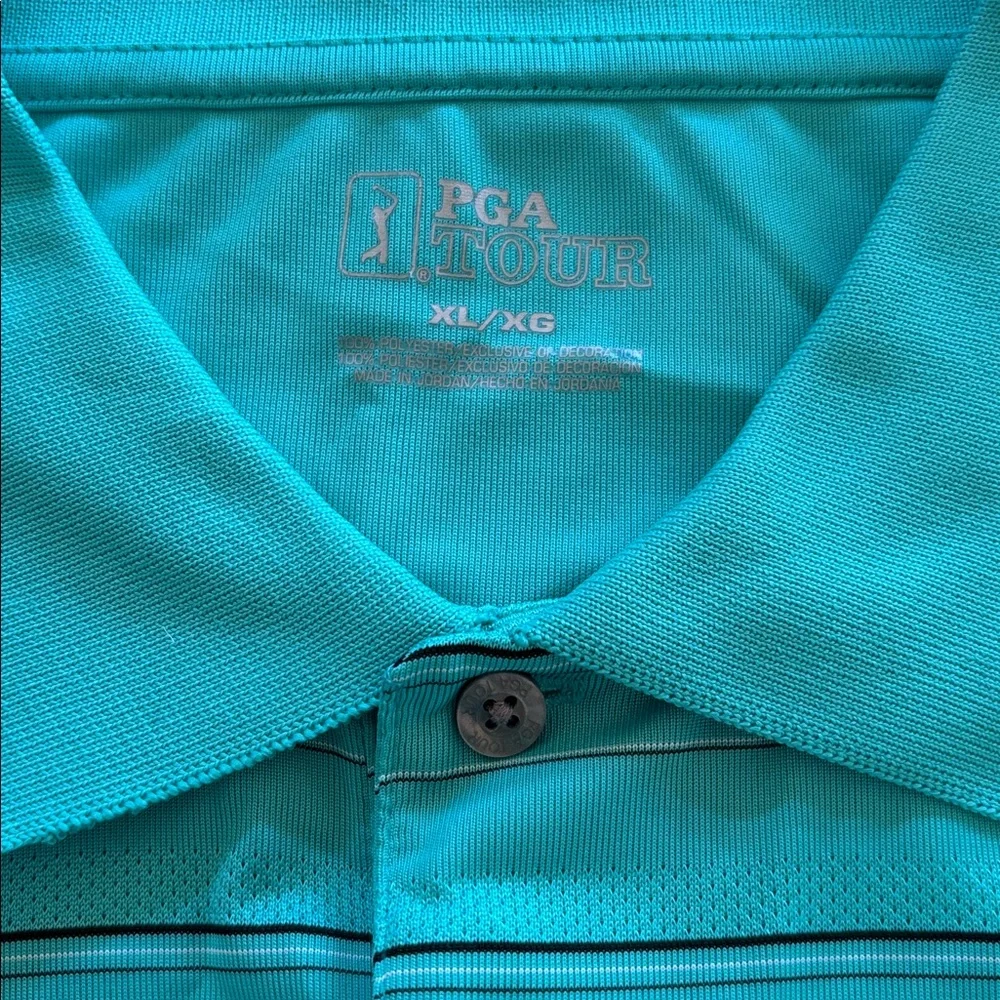 PGA Tour Aqua Blue and Black Striped Golf Polo‎ Shirt Size XL