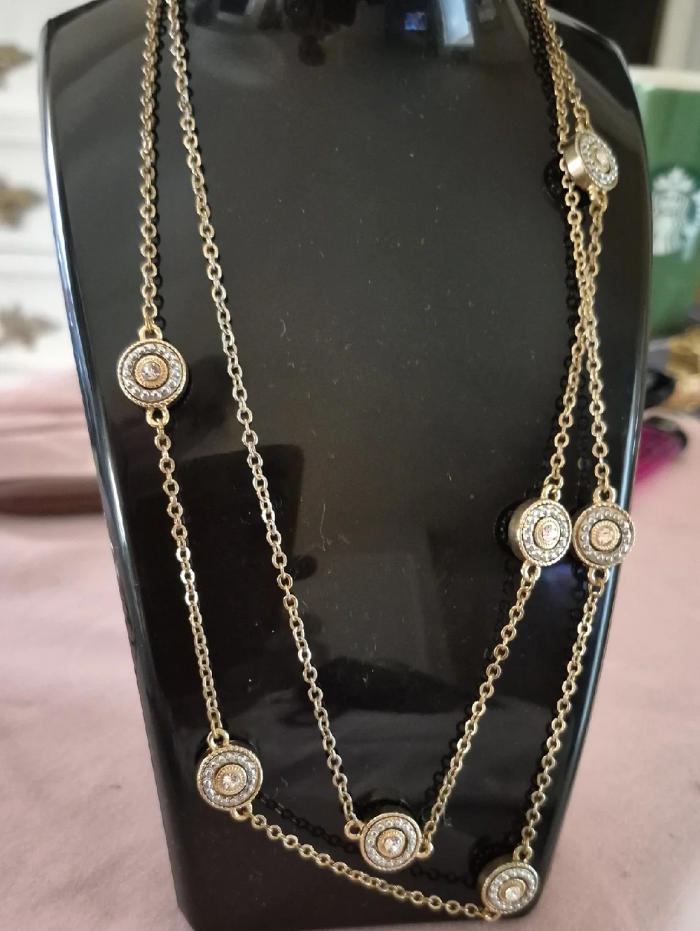 Vintage Gold-Tone Circle Station Crystal Multi Medallion Long Necklace 40