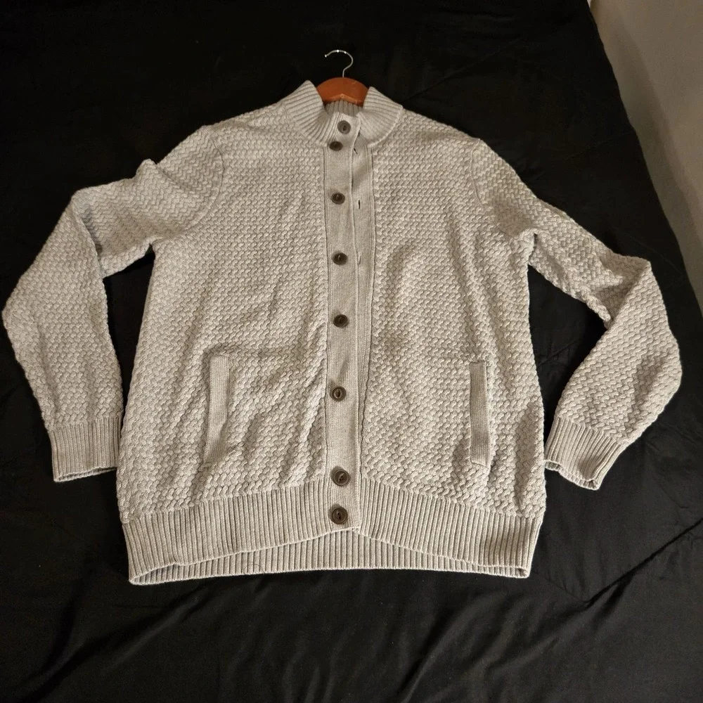 Lands' End Cardigan Sweater Mens Large Gray Drifter‎ Button Front Mock Neck Knit