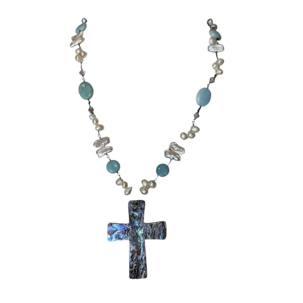 Cross Pendant Necklace | Pearl & Aqua Bead Abalone Chain | Wire Wrapped