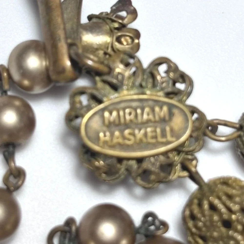 Vintage Miriam Haskell 5-Strand Necklace Amber Glass Pearl Signed Designer 50s