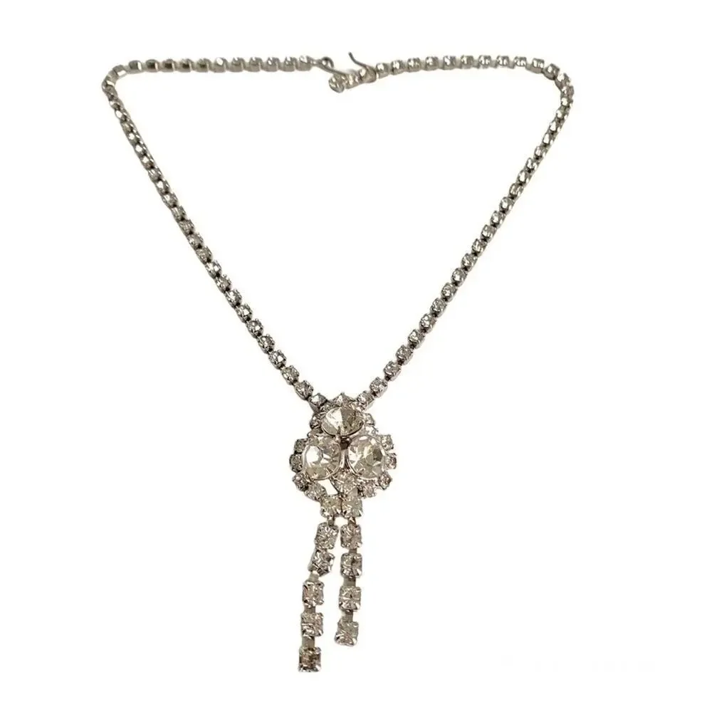 Vintage Rhinestone Necklace Dangle Retro Formal Prom Choker Clear Faux‎ Diamonds