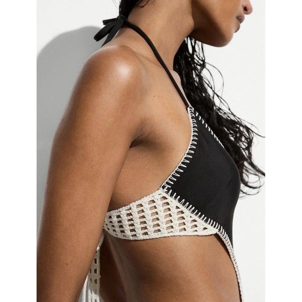 Victoria's Secret One Piece Swimsuit Black Crochet Cut Out Size L NWT Monokini S