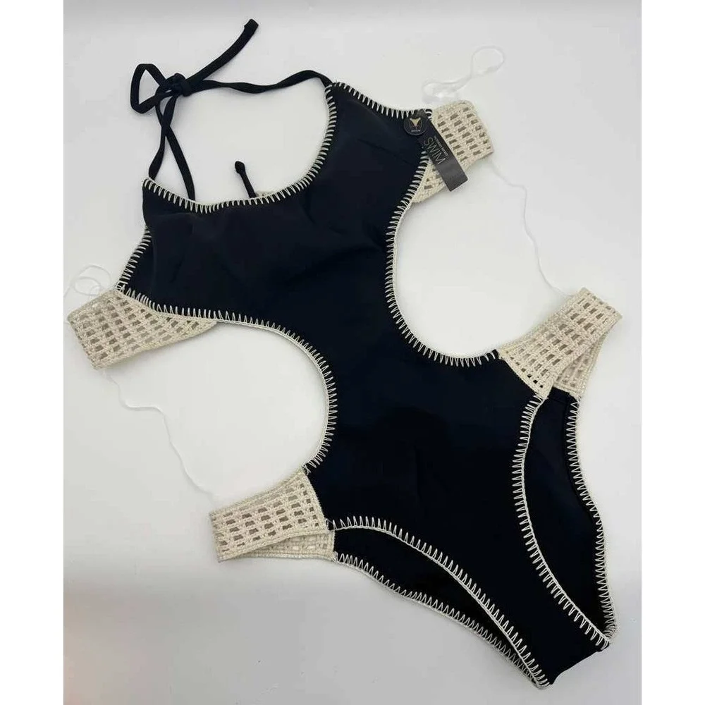 Victoria's Secret One Piece Swimsuit Black Crochet Cut Out Size L NWT Monokini S