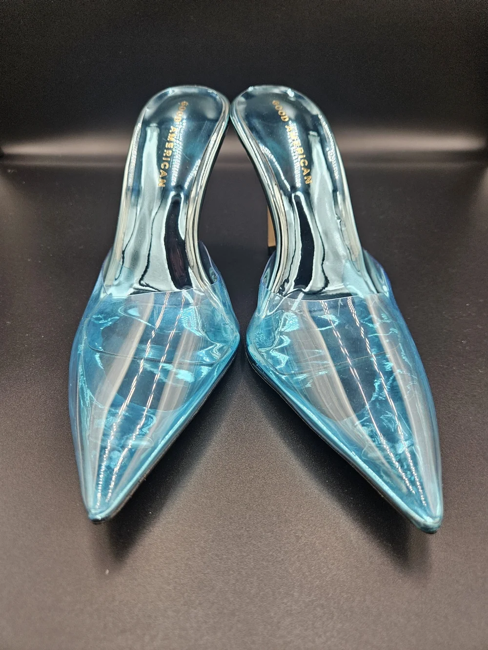 Good American Blue Clear PVC Mule Heels Pointed Toe Stiletto Pumps Size 7.5