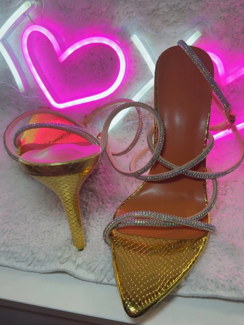 SHEIN Gold Metallic Stiletto Sandals with Rhinestone Straps