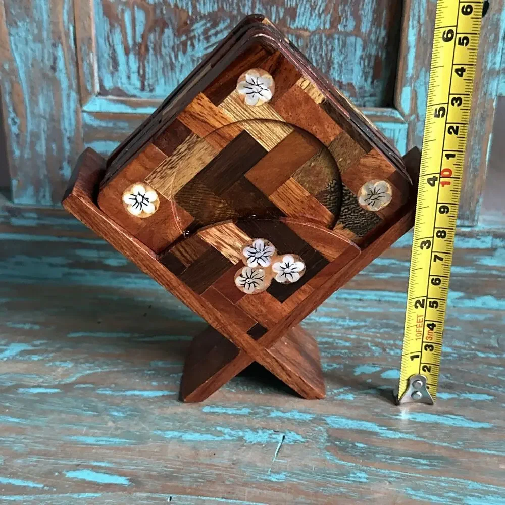 Vintage Lacquered Coasters Wooden Flowers Holder Square Boho Granny Set Cottage