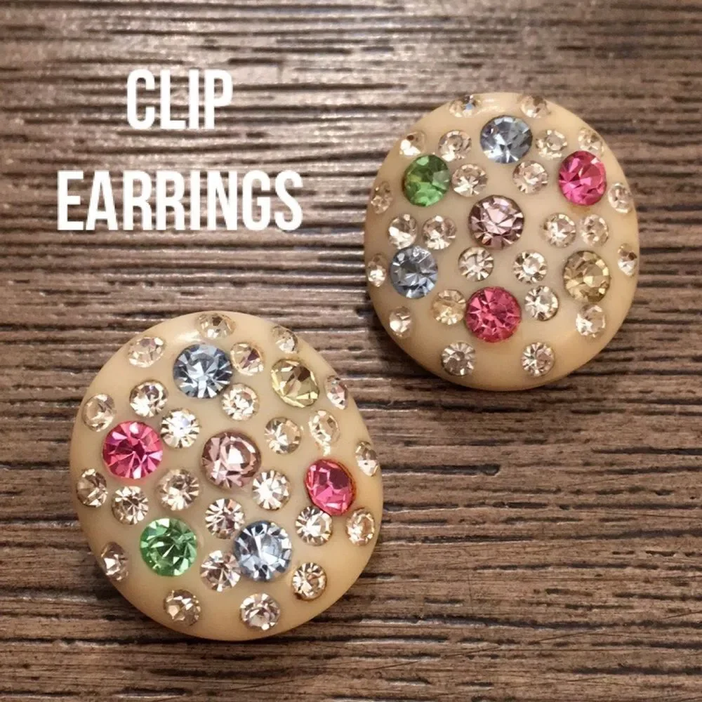 Vintage Pastel Colored Rhinestone Clip Earrings