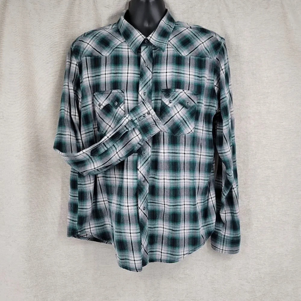 Wrangler Green Black Flannel Long Sleeve Western Pearl Snap Shirt Men's XL