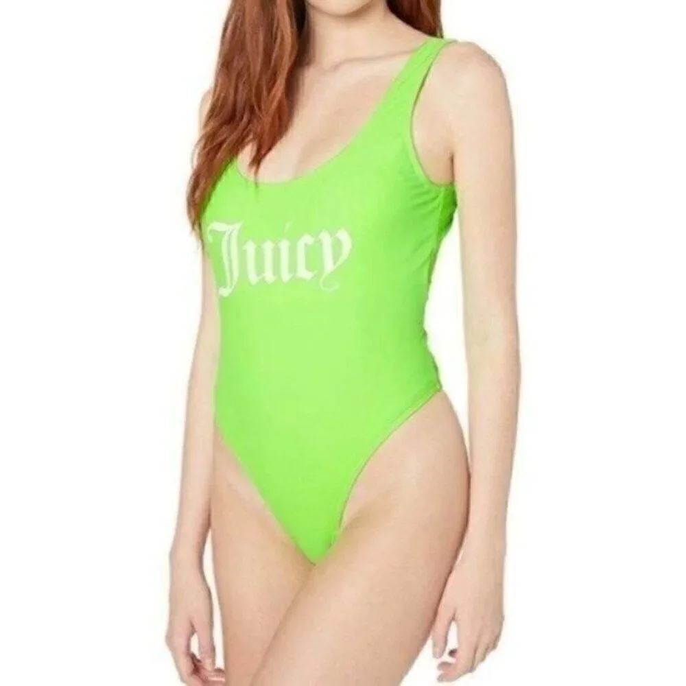 NWT Juicy Couture Logo Neon Green High Cut Leg One Piece Bathing Suit Size Small