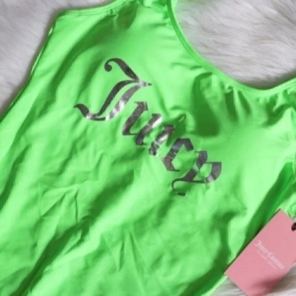 NWT Juicy Couture Logo Neon Green High Cut Leg One Piece Bathing Suit Size Small