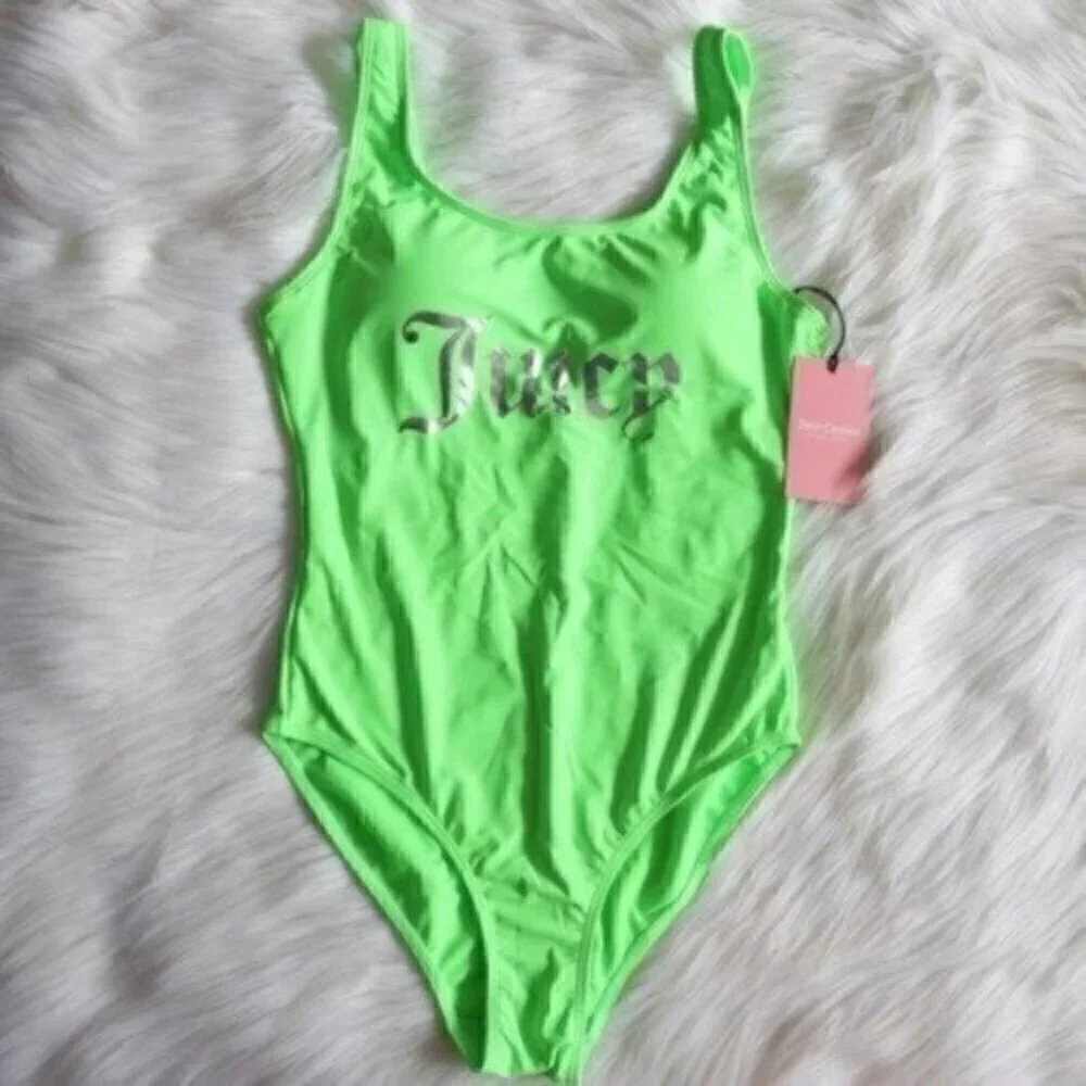 NWT Juicy Couture Logo Neon Green High Cut Leg One Piece Bathing Suit Size Small