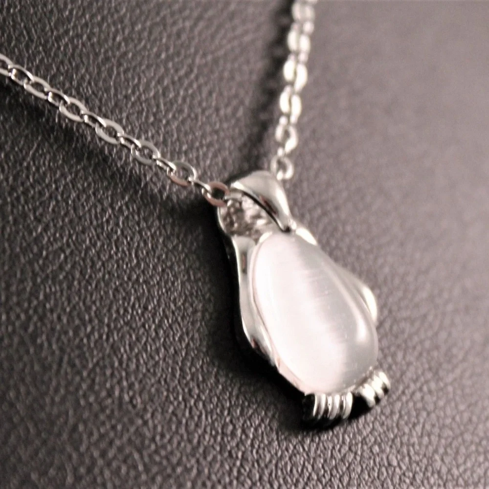 Silver Penguin Pendant Necklace with White Stone