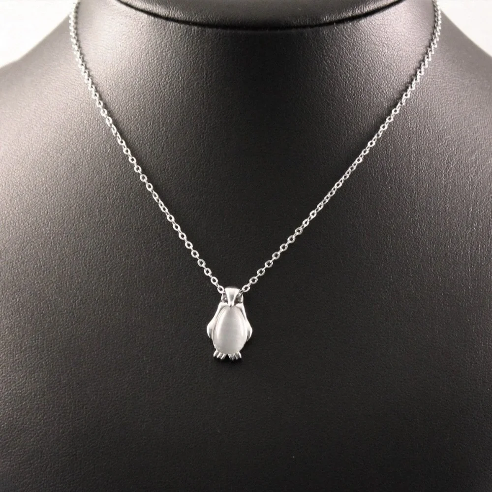 Silver Penguin Pendant Necklace with White Stone