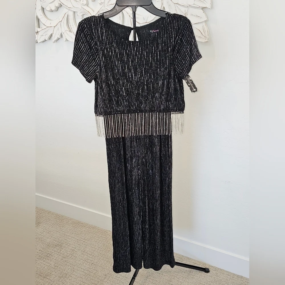 NWT Xhilaration Black Silver Glitter Jumpsuit w/Crystal Bead Fringe Girl Size 7