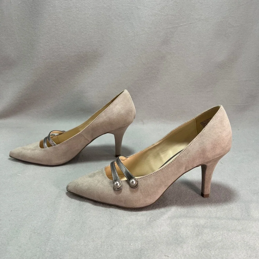 Liz Claiborne Pumps Koala Grey Faux Suede Pearl‎ Strappy Elegant Neutral 9 WIDE